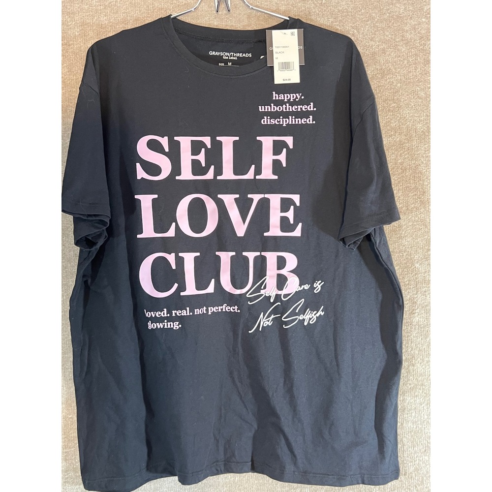 NWT Grayson Threads Self Love Club Graphic Tee Women Medium Black Pink Positive